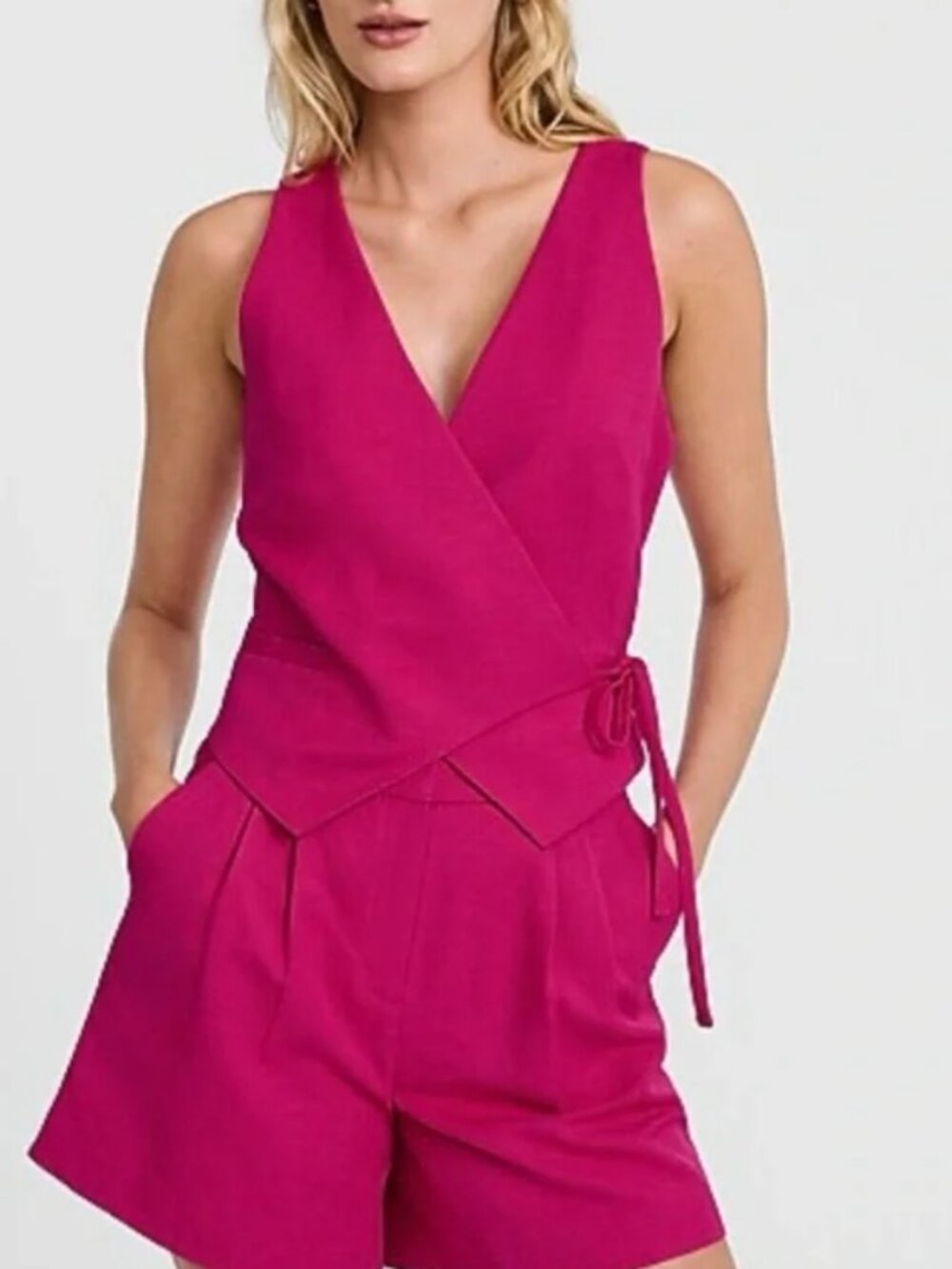 Linen-Blend Asymmetrical Wrap Tie Blazer Vest,pink ,L
